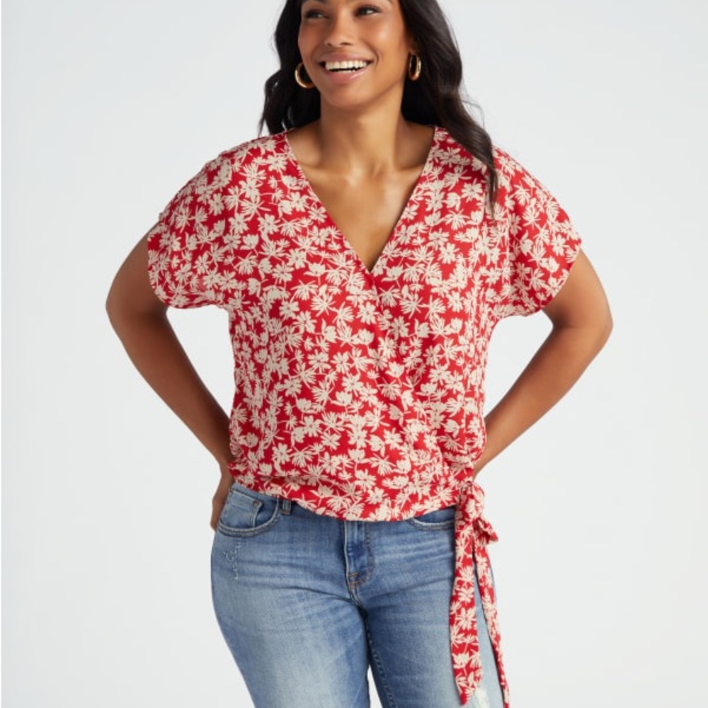 West Kei Red and White Floral Wrap Blouse